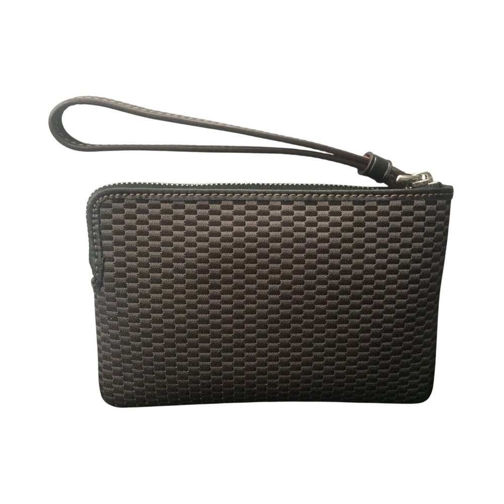 Coach Small Wristlet Brown Black Woven Jacquard Gold Logo Zip Top Clutch - Picture 2 of 6